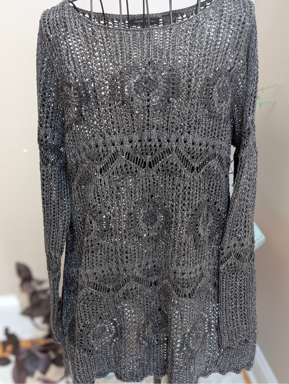 Jeanne Pierre Women's Medium Black Open Knit Sweater with Metallic Yarn
